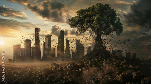 Conceptual image of humanity's legacy, represented by dark monuments to consumption and waste, overshadowing nature,