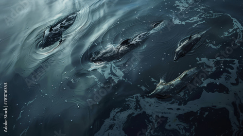 Conceptual image of marine life suffocating in oil-polluted waters, casting dark shadows below,