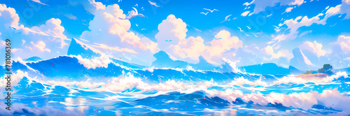 Majestic Ocean Waves Under Cloud-Filled Sky Panorama illustration