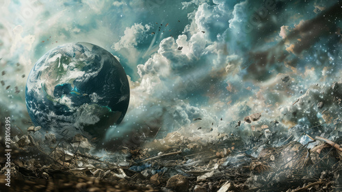 Conceptual portrayal of the Earth as a living being, its heartbeat faint and irregular, struggling for survival amidst chaos,