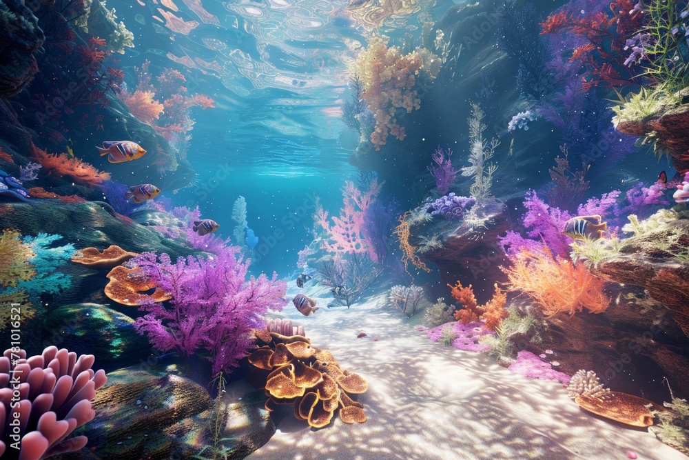 An underwater paradise created in immersive 3D. with lively coral reefs - obrazy, fototapety, plakaty 