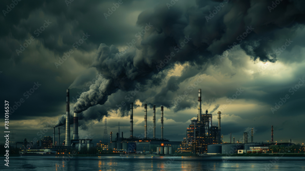 Dark storm clouds gathering over industrial complexes, symbolizing the looming threat of unchecked industrial pollution,