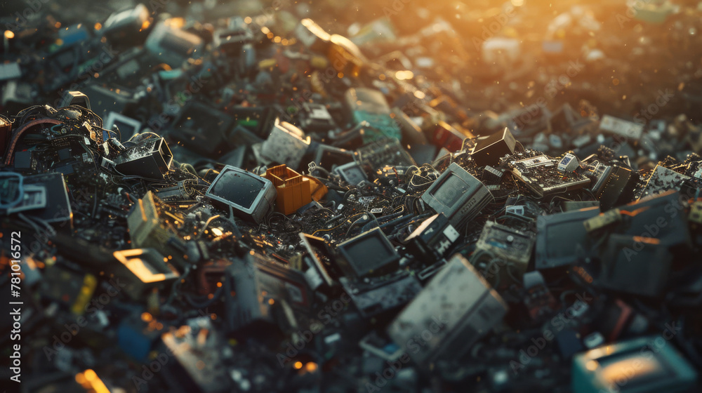 Dark visualization of electronic waste piling up in landfills, with toxic leaks seeping into the ground, Dark visualization of electronic waste piling up in landfills, with toxic leaks seeping into the ground,