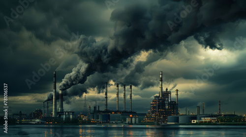 Dark storm clouds gathering over industrial complexes  symbolizing the looming threat of unchecked industrial pollution 