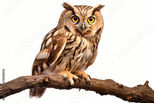 Wise owl perched on a branch, piercing gaze captured in high resolution, isolated on white solid background © Hunny