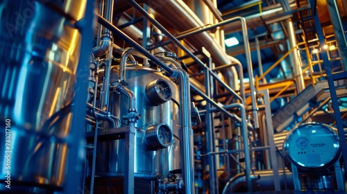 A large industrial fermentation tank filled with bubbling liquid connected to a series of pipes and machines. A sign above reads cellulosic ethanol production using bioengineered yeast . photo