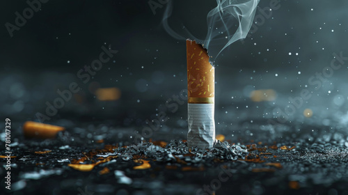 Closeup of a burning cigarette with smoke on a dark background