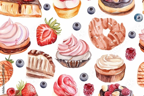 A seamless watercolor pattern featuring Desserts designs on a white background. 