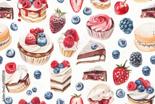 A seamless watercolor pattern featuring Desserts designs on a white background. 