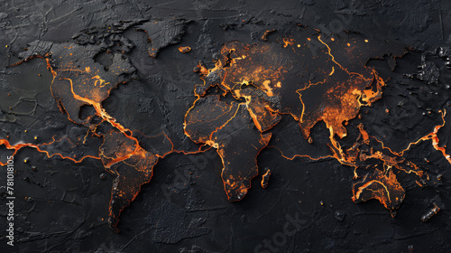 High-tech map of earth showing zones of seismic activity increased by fracking, visualized with dark, spreading cracks, photo