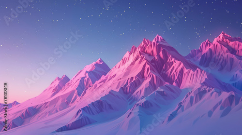 Geometric mountain range at twilight, with low poly peaks glowing under a starry sky,
