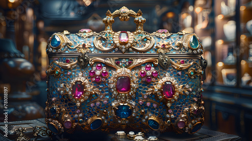 A gold suitcase covered in gems sits on a gold pedestal in a dimly lit room.