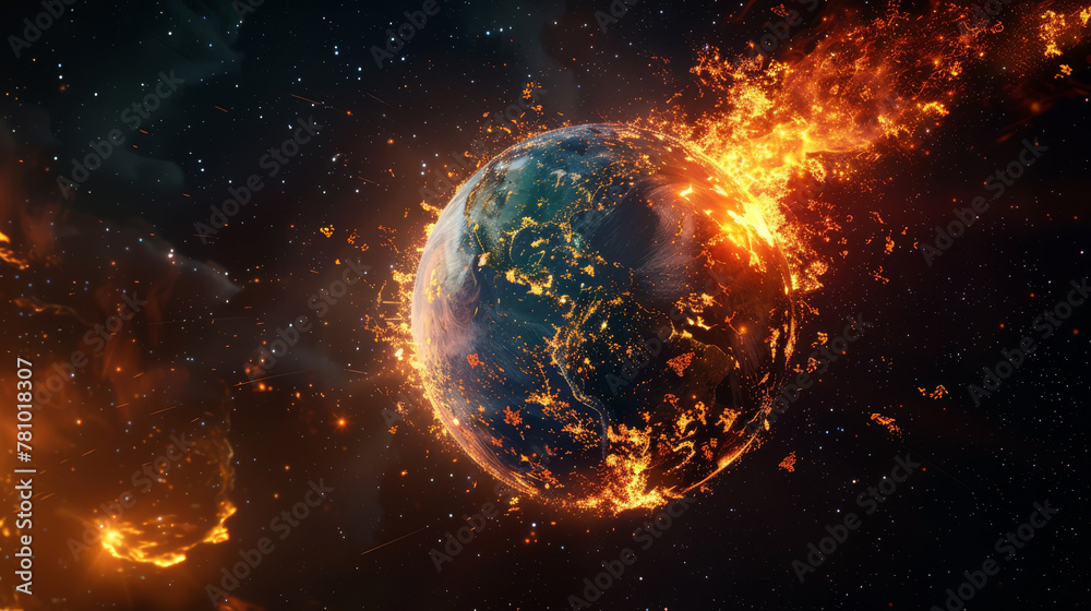 High-resolution depiction of Earth as a beacon of distress, sending out SOS signals as it burns in the void of space, High-resolution depiction of Earth as a beacon of distress, sending out SOS signals as it burns in the void of space,