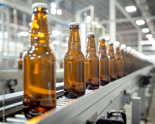 Bear Brewer craft beer bottles on conveyor  factory interior  bright light  eyelevel  clear detail