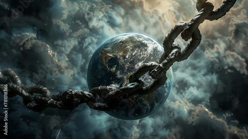 High-resolution illustration of a planet bound in dark chains, representing the stranglehold of fossil fuel dependence,
