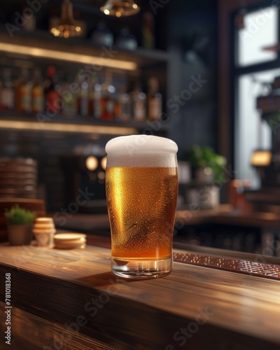 Frosty craft beer glass, wooden counter, dim bar lighting, leftside copy space, intimate angle