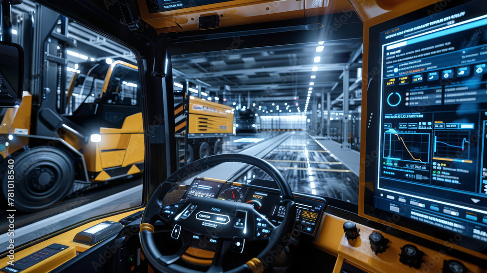 Fototapeta premium High-tech dashboard view showing the AI system managing autonomous forklift operations in real-time,