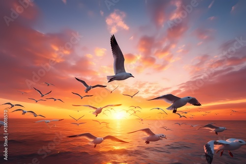 Flock of seagulls soaring against a vibrant sunset sky, wings outstretched in harmonious motion, isolated on white solid background