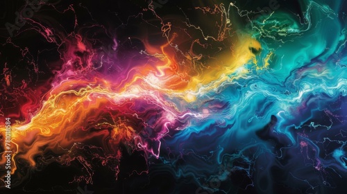 A spectrum of colors ignite in a sea of black as electric plasma arcs create a dazzling display.