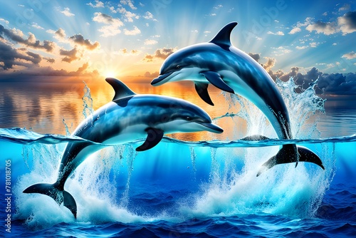 Dolphin jumping out of water, Sunset background