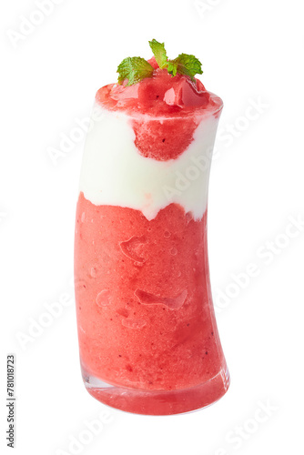 Strawberry smoothie with yogurt topped with mint leaves isolated on white background.