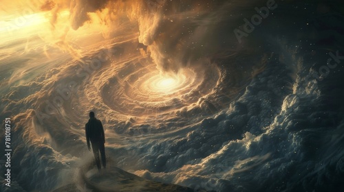 A person stands on the edge of a swirling vortex their back turned as they are consumed by a surreal and otherworldly landscape. . . photo