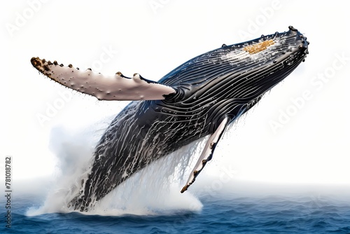 Majestic humpback whale breaching the surface, water droplets suspended in the air, isolated on white solid background © Hunny