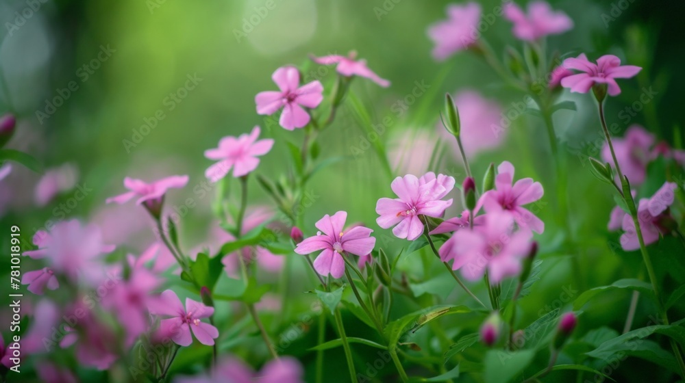 Pink flowers in a green field with blurred backdrop