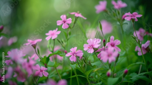 Pink flowers in a green field with blurred backdrop © 2rogan