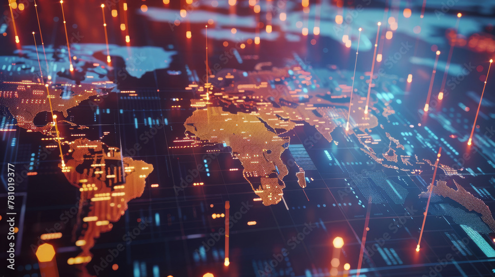 Fototapeta premium High-tech world map showcasing global fintech innovations, with financial hubs glowing brightly,