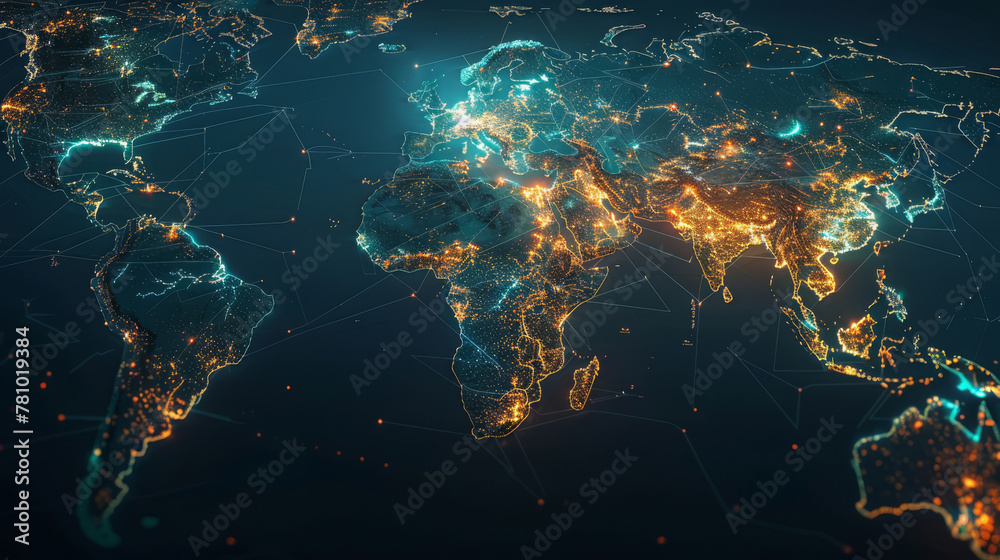 Obraz premium High-tech world map showcasing global fintech innovations, with financial hubs glowing brightly,