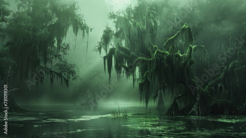 A mist-covered swamp, where eerie green moss hangs from twisted trees in the murky waters.