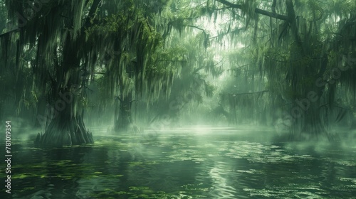 A mist-covered swamp, where eerie green moss hangs from twisted trees in the murky waters.