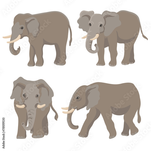 vector drawing elephants, cartoon animals isolated at white background, hand drawn illustration