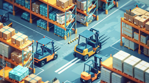 Illustration of a warehouse where autonomous forklifts communicate with each other to optimize storage,