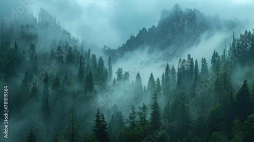 A misty morning in the mountains, where emerald-green pine trees emerge from the fog. photo