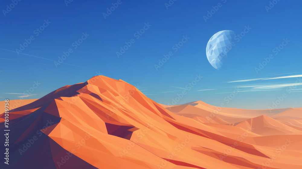 Low poly dunes under a geometric moon, casting long shadows and creating a serene desert scene,