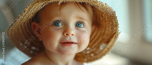 Photorealistic image of a baby with a funny hat, closeup, natural lighting ,ultra HD,clean sharp photo