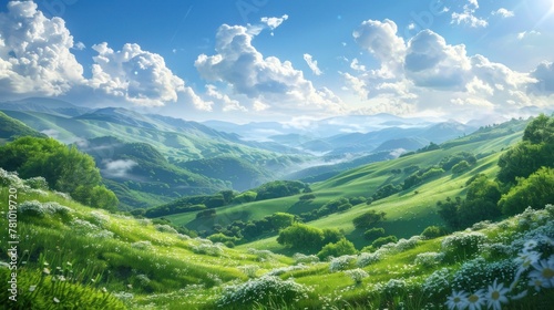 A peaceful countryside scene, with rolling hills blanketed in lush greenery under a clear blue sky. photo