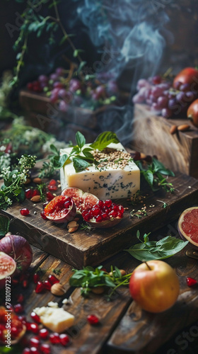 A gourmet vegan cheese board, surrounded by fresh fruits, under a delicate fume of aromatic herbs, on a polished wooden table