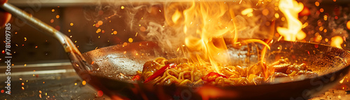 A kitchen alive with the crackle of fire, where spicy noodles entwine with tender meat and handcrafted dough, creating a symphony of flavors