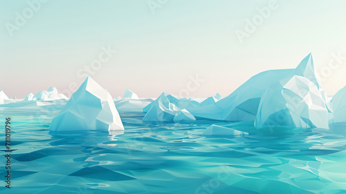 Low poly geometric icebergs, floating in a sea of crystalline polygonal waves, © FoxGrafy