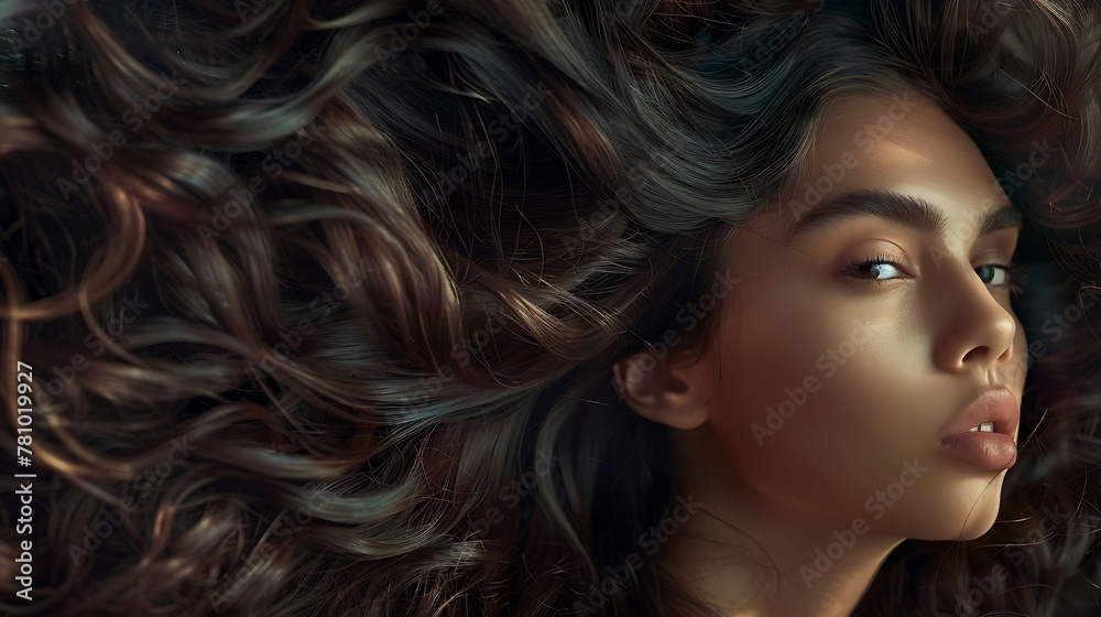 Generative AI : Brunette woman with long and shiny wavy hair . Beautiful model with curly hairstyle . Generative AI : Brunette woman with long and shiny wavy hair . Beautiful model with curly hairstyle .