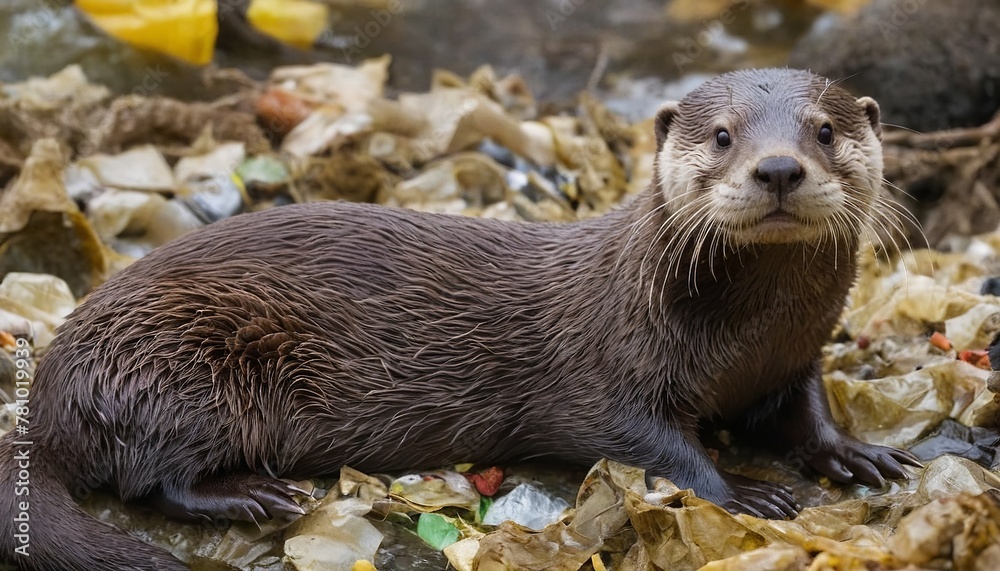 Obraz premium A Cry for Help: An Otter Swimming in a Polluted Habitat