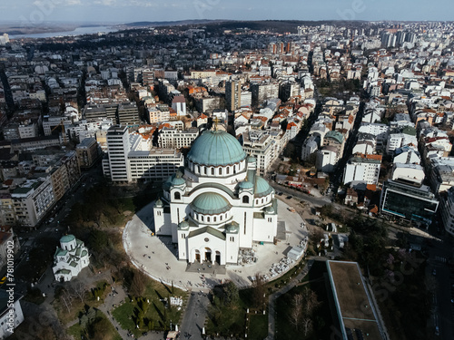Drone view of the St. Sava Temple placed in the Belgrade city. The largest orthodox cathedral in the world. Belgrade, Serbia, Europe