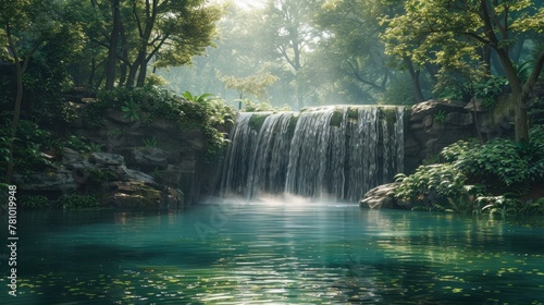 A secluded waterfall hidden within a dense forest  its waters cascading into a tranquil pool below.