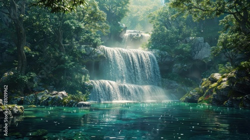 A secluded waterfall hidden within a dense forest, its waters cascading into a tranquil pool below.