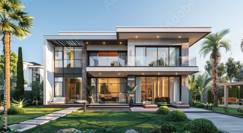 Modern twostory villa with large glass windows, white walls and black tiles on the roof. The front of the house is overlooking green lawns and palm trees in tropical climate area © Kien