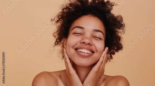 Generative AI : Portrait of laughing mexican girl enjoying beauty treatment isolated on beige background. 