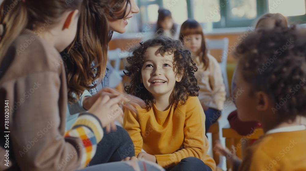 Generative AI : Happy kids and teacher at school. Woman and children are talking in the class.